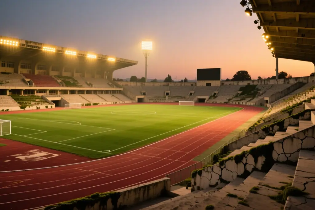 Axşamçağı yaşıl meydançası və qaçış zolaqları görünən tarixi futbol stadionu
