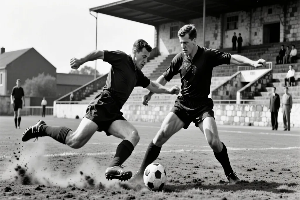 Altmışıncı illərin sovet futbol matçının ağ-qara arxiv fotosu, dolu tribuna