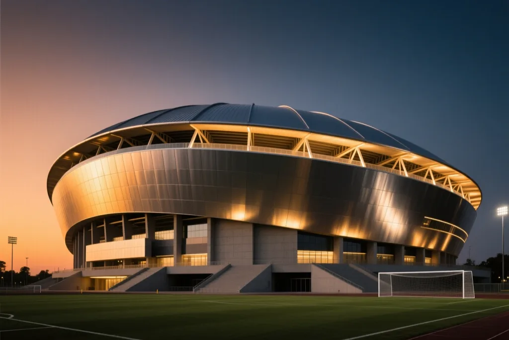 Gecə işıqları altında tribunları dolmuş böyük bir futbol arenasının panoraması