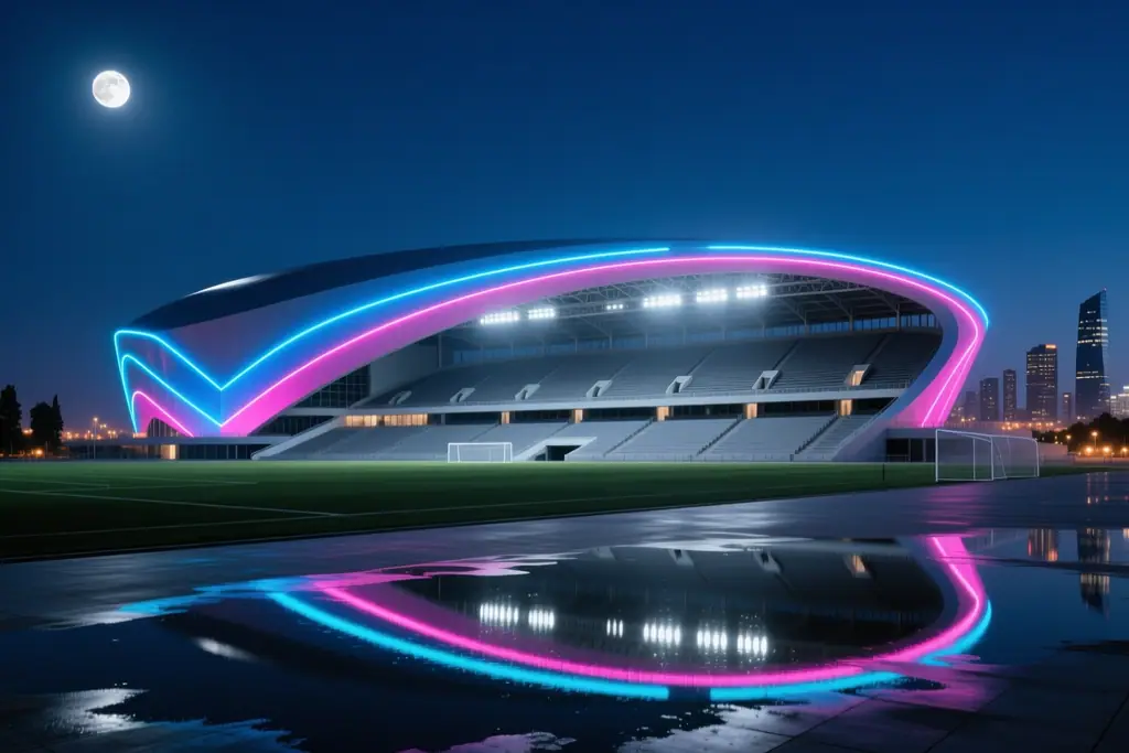 Gecə işıqları altında tribunları dolmuş böyük bir futbol arenasının panoraması