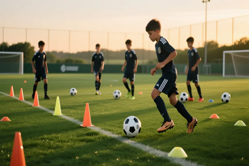 Ağ-qara formada futbolçular gecə meydançasında qələbəni qeyd edirlər