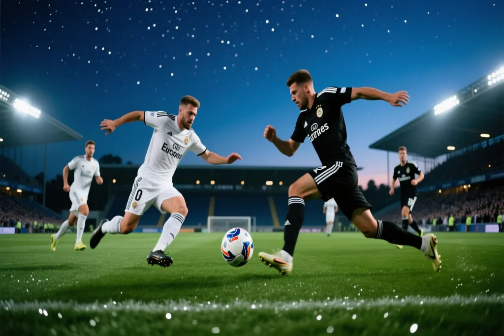 Ağ-qara formada futbolçular gecə meydançasında qələbəni qeyd edirlər