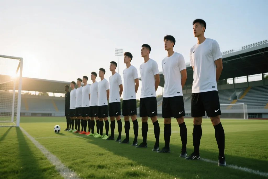 Ağ-qara formada futbolçular gecə meydançasında qələbəni qeyd edirlər