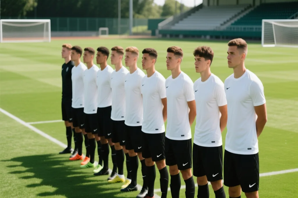 Ağ-qara formada futbolçular gecə meydançasında qələbəni qeyd edirlər